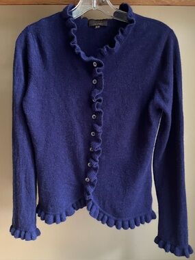 Pure Collection Cobalt Blue Ruffle-Trim Cashmere Cardigan Sweater